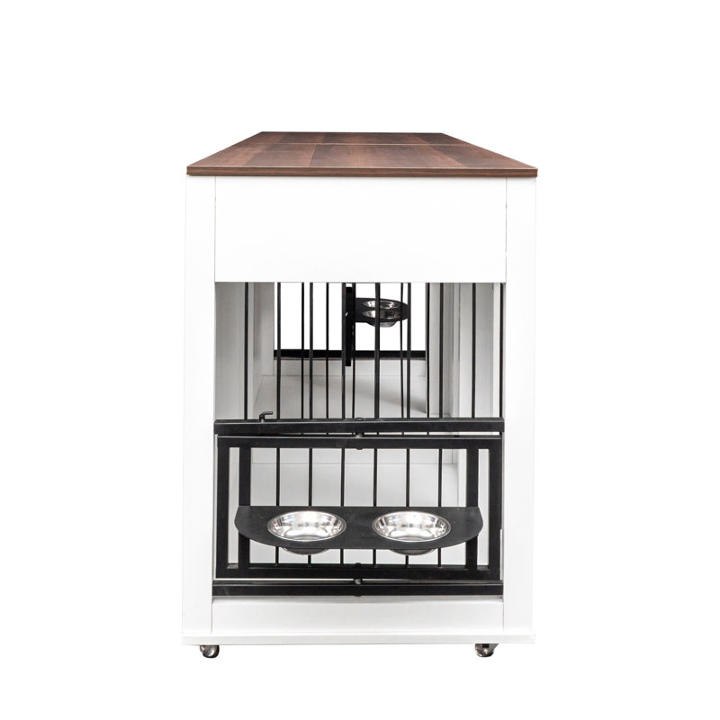 Grande cage à chien robuste - Maison en bois avec porte double et tiroirs en mobilier blanc et noyer