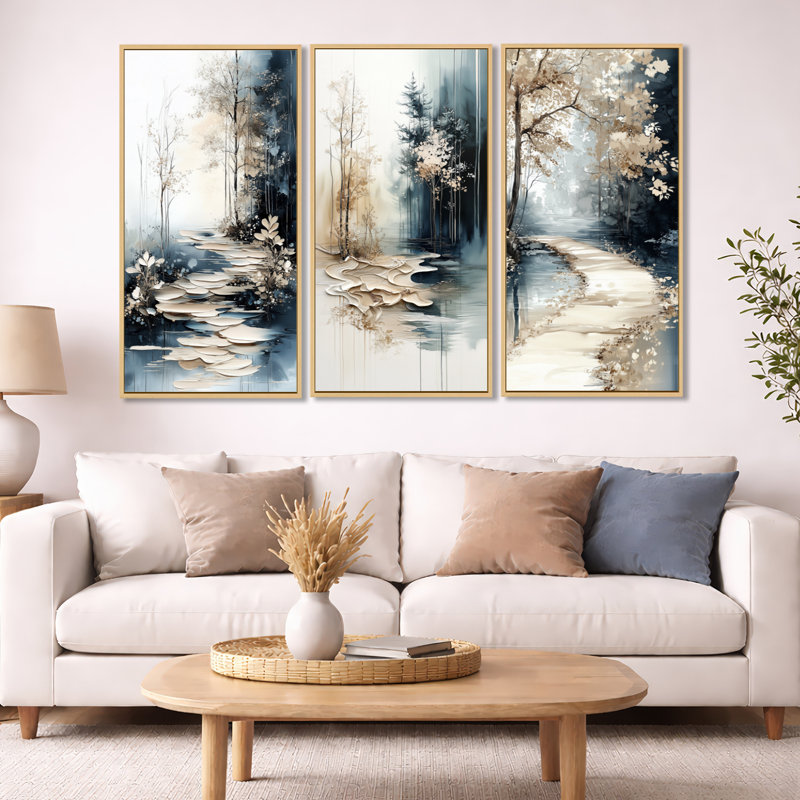 «Woodtrail Fall Lake Path - Lake», ensemble d'art mural sur toile, H 32 po x l 48 po, Cadre flottant en bois naturel
