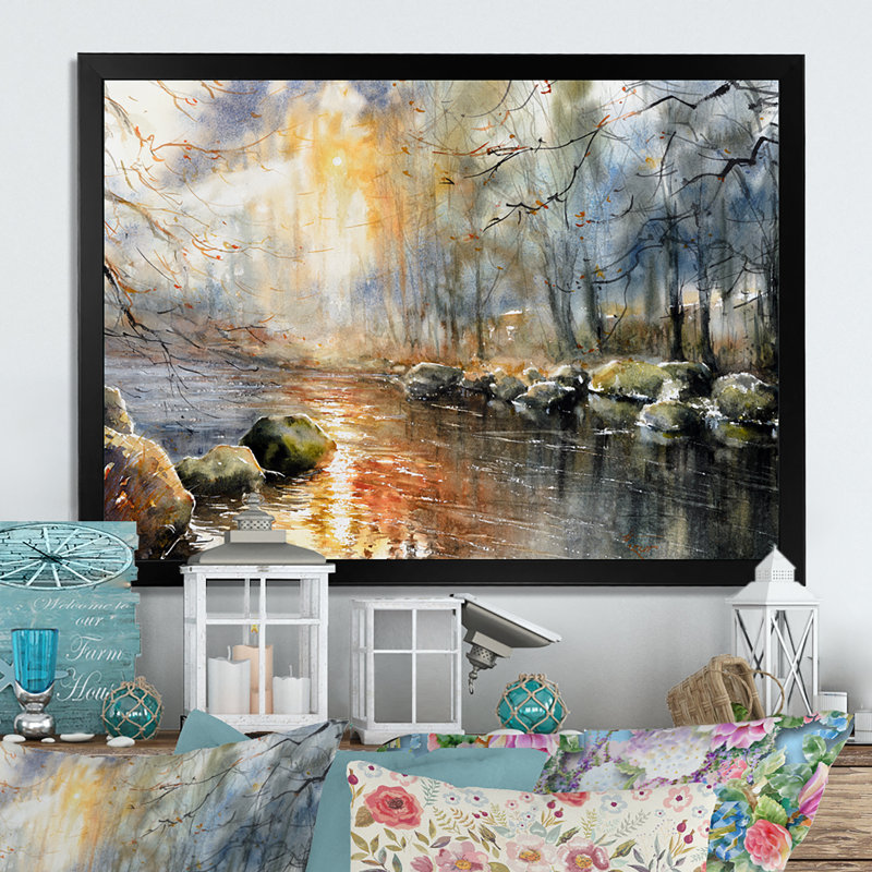 «River in Cloudy Autumn Sunset», reproduction d'art sur toile, Cadre noir, H 8 po x l 12 po x P 1 po