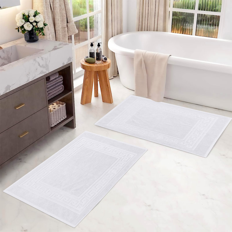 Subra Rectangular Cotton Reversible Greek Key Infinity Border 2 Piece Bath Mat, White