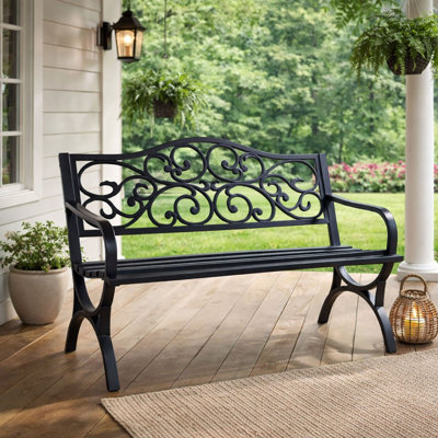 Banc de jardin en fonte avec dossier à motif floral pour porche, jardin, pelouse, terrasse