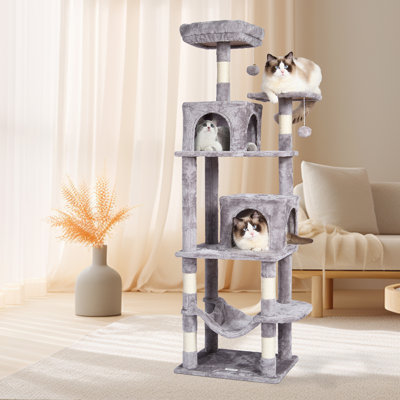 Cat Tree for Indoor Cats, 63" Cat Tower with 2 Cat Condos, Sisal Scratching Post, Hammock, Top Perch, Jumping Platforms, Large Cat Furniture Activity Center with Hang Ball, Light Grey