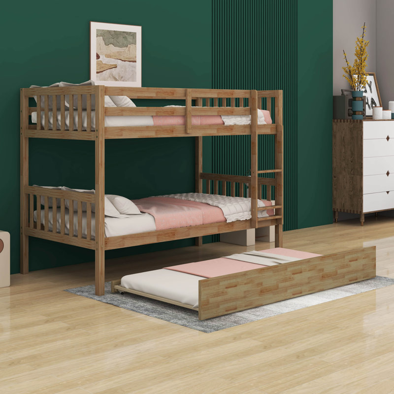  Kamorian Twin Over Twin Rubber Wood Bunk Bed With Trundle, Convertible Into 2 Beds, Natural