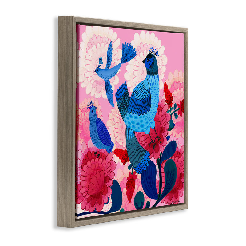 Oiseaux populaires sur cadre flottant Dahlias, design par Kay Widdowson, H 18 po x l 18 po, Cadre flottant orme Montalcino