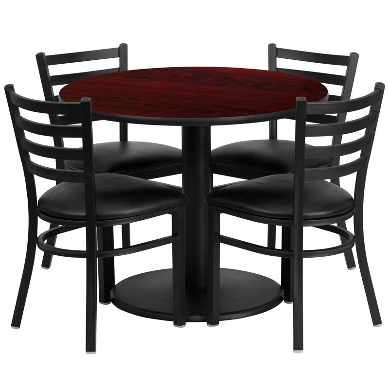 Neelam 36'' Round Laminate Table Set with Round Base and 4 Ladder Back Metal Chairs, Mahogany, Burgundy
