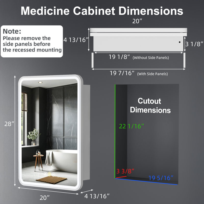 Armoire à pharmacie encastrée avec cadre en fer moderne avec miroir, l 20 po x H 28 po Fruzsina, H 28 po x l 20 po x P 4,8 po