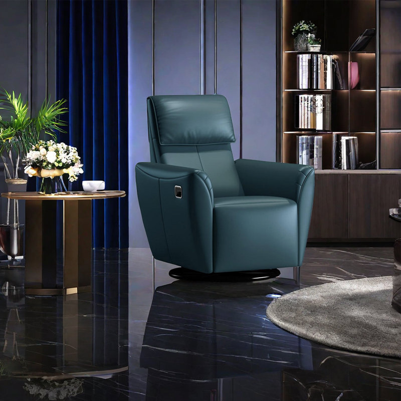 Élégant fauteuil inclinable en cuir avec cadre en bois massif., Similicuir bleu foncé