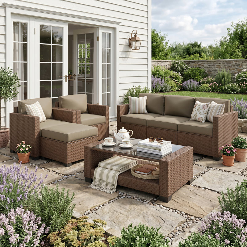 7 Piece Rattan Sectional Seating Group With Cushions, Coffee, Navy, Espresso Wood