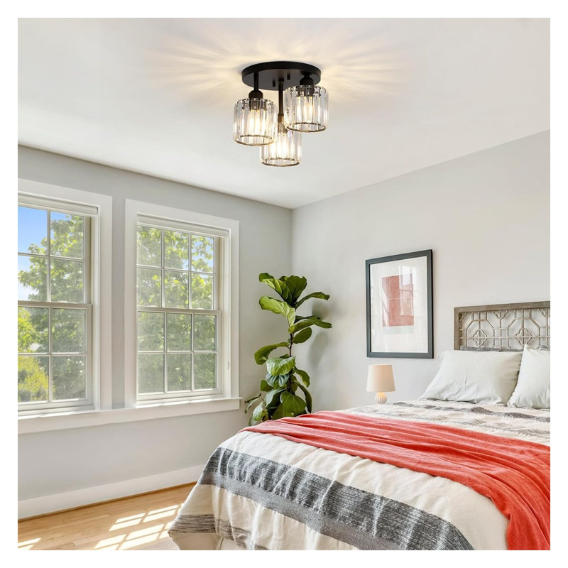 Plafonnier semi-encastré moderne en cristal 3 lumières - Finition noire avec abat-jour prismatiques transparents pour la cuisine, le couloir et la chambre à coucher