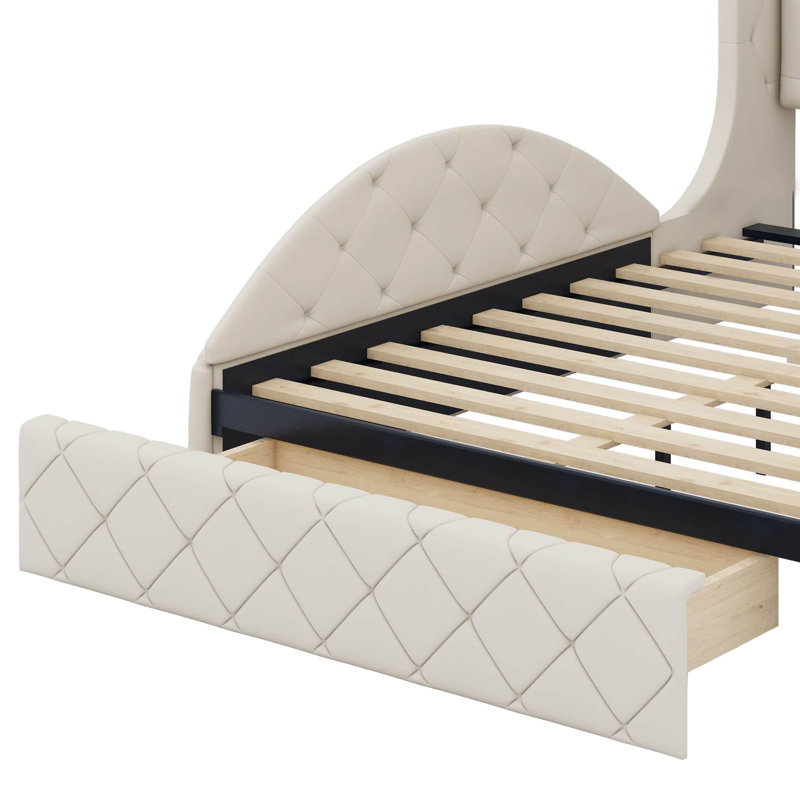 Grand lit plateforme tapissier avec rangement et tête de lit à oreilles, Beige