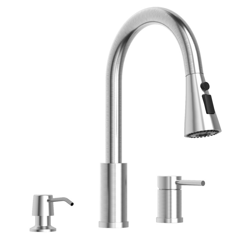 3 Hole Pull Down Kitchen Faucet With Soap Dispenser, Yes