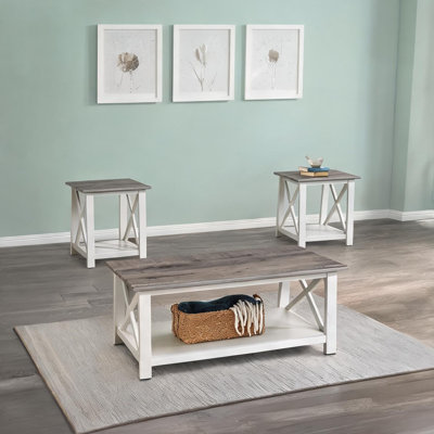 Rectangular 3-Piece Cocktail Table Set for Living Room, Wooden Coffee Table and Matching Square End Tables, Brown Soft White Finish
