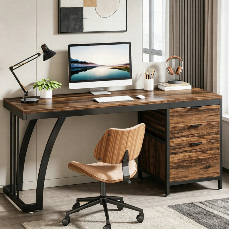 Industrial Computer Desk 59", Study Desk With Reversible Drawer Cabinet And File Storage, Brown