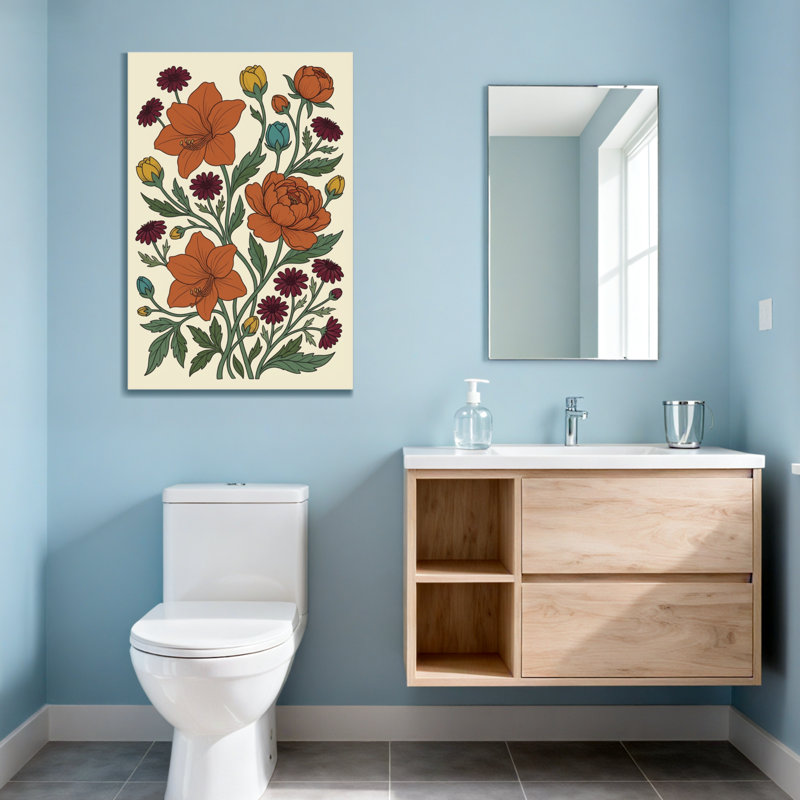 Motif floral de plantes et de fleurs avec des fleurs orange et mauves, H 30 po x l 20 po