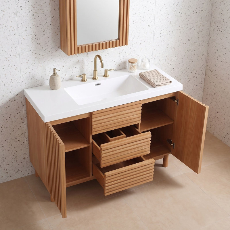 Meuble-lavabo moderne en grain de bois avec lavabo en résine, pied de support central réglable, portes et tiroirs à fermeture en douceur