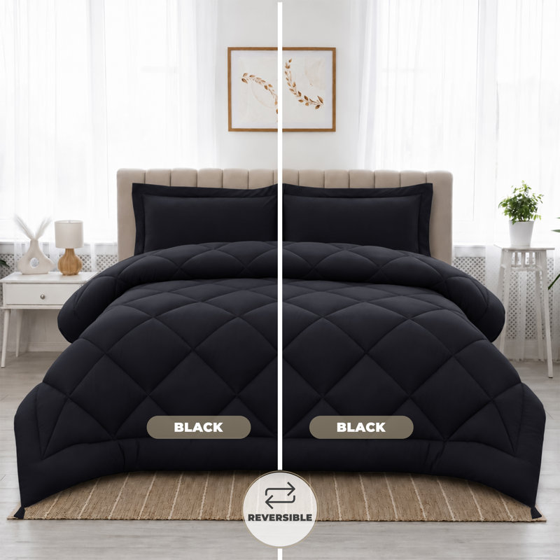 Down Alternative Microfiber Reversible Comforter Set - 3 Pcs All Season Diamond Pattern Comforter with Shams, Twin, Black