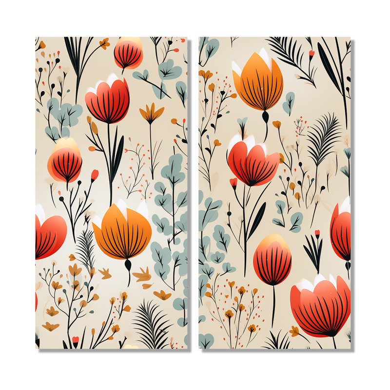 Motif floral orange Meadow - 2 pièces murales florales, 20" H x 24" W, Framed Wrapped Canvas, Does Not Apply