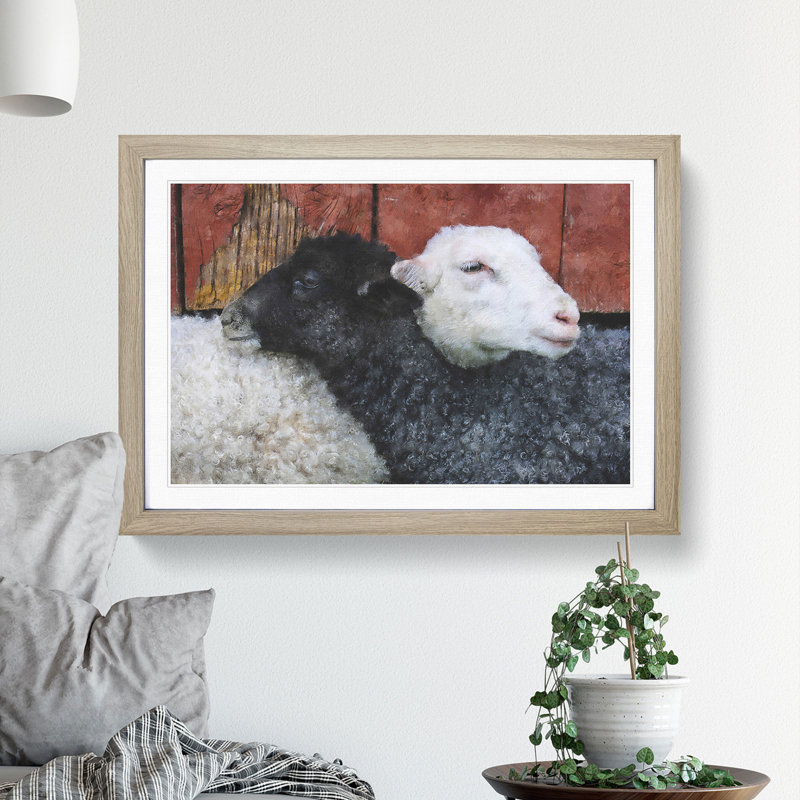 Black and White Sheep - Picture Frame Painting, 27cm H x 36cm W x 2cm D, Oak Framed