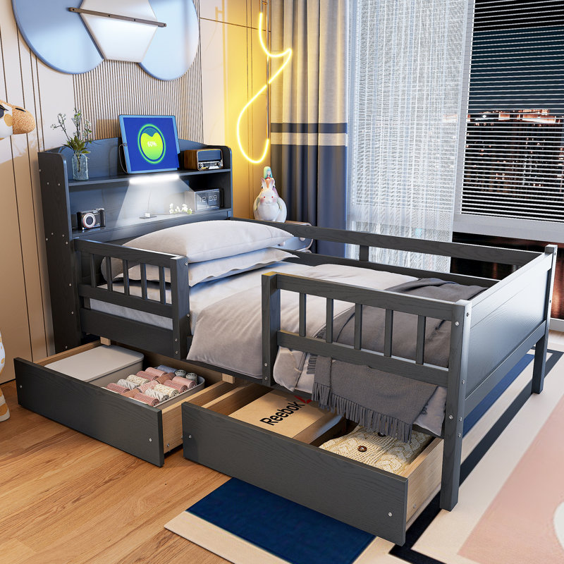 Twin Size Wood Platform Bed with LED Light, USB & Type-C Ports, Storage Headboard, Guardrails & 2 Drawers, Gray