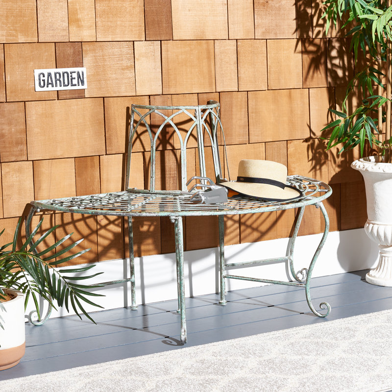 Abia Wrought Iron Outdoor Tree Bench, Green