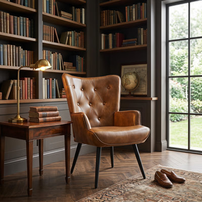 Nalupatio Faux Leather Wingback Chair Mid-century Armchair, PU Leather Upholstered Tufted Button Chairs, Living Room Reading Wingback Armchair, Side Chair for Living Room Bedroom, Brown