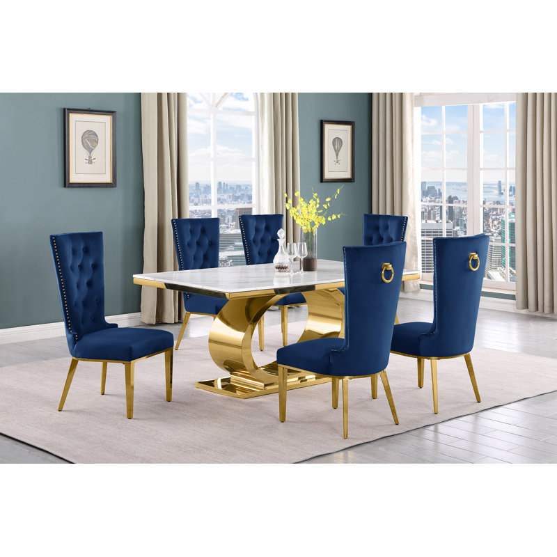 7 pièces Ensemble repas, 7, Marine / doré, Or