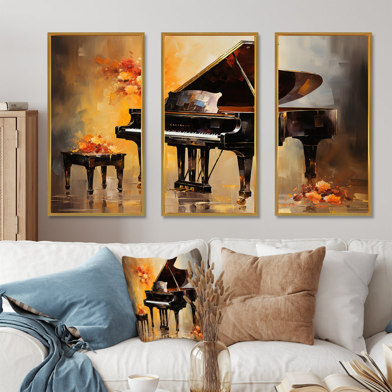 Floral, orange Grand Piano Serenade - Piano, art mural, Cadre flottant doré, H 28 po x l 36 po x P 1 po