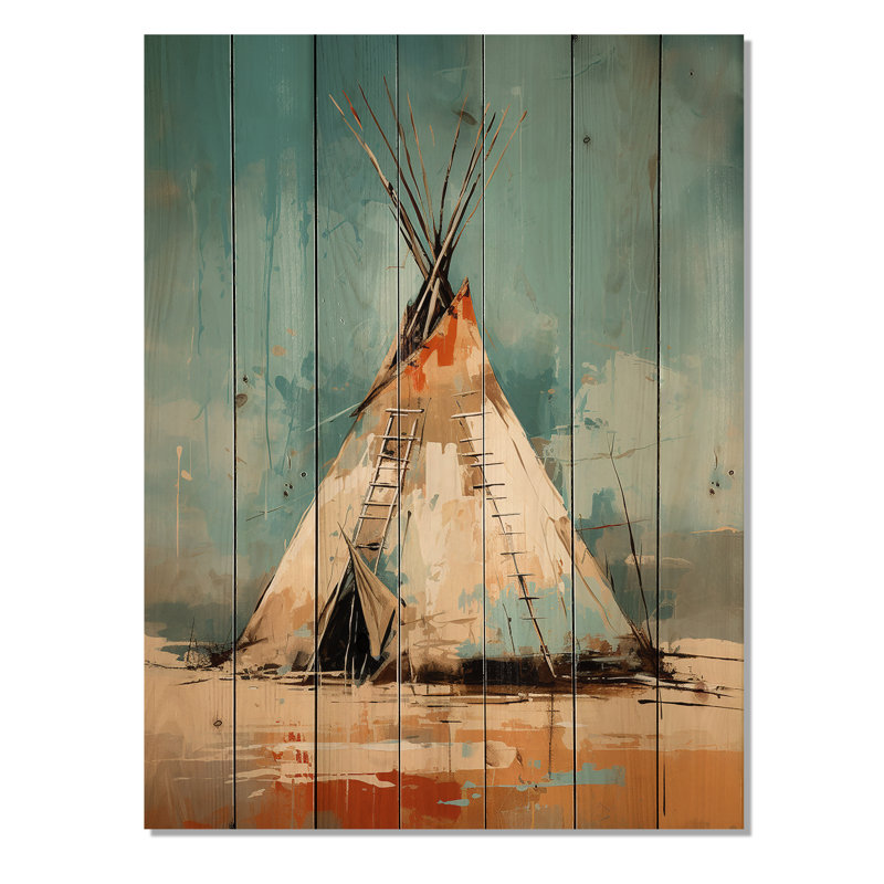 Turquoise beige tipi natif de chuchotements d'esprit sur bois, H 40 po x l 30 po x P 0,78 po