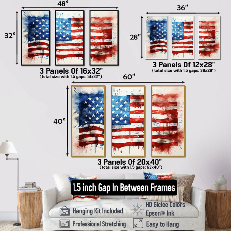 Aquarelle, drapeau américain I - drapeau États-Unis, art mural, Cadre flottant doré, H 32 po x l 48 po x P 1 po