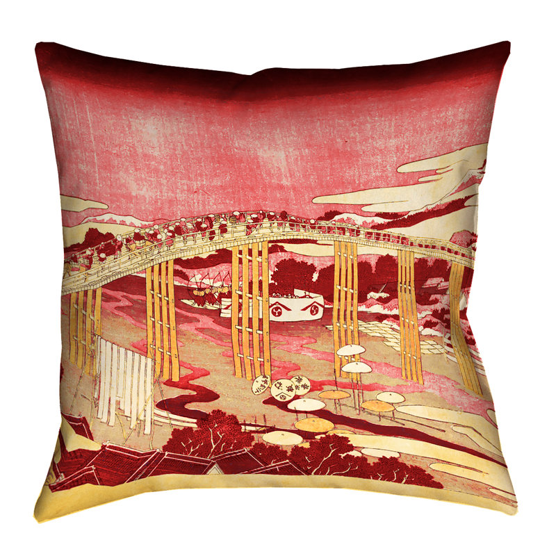 Housse de coussin en lin japonaise bridge square Katsushika Hokusai, 26 po x 26 po, Rouge / Orange