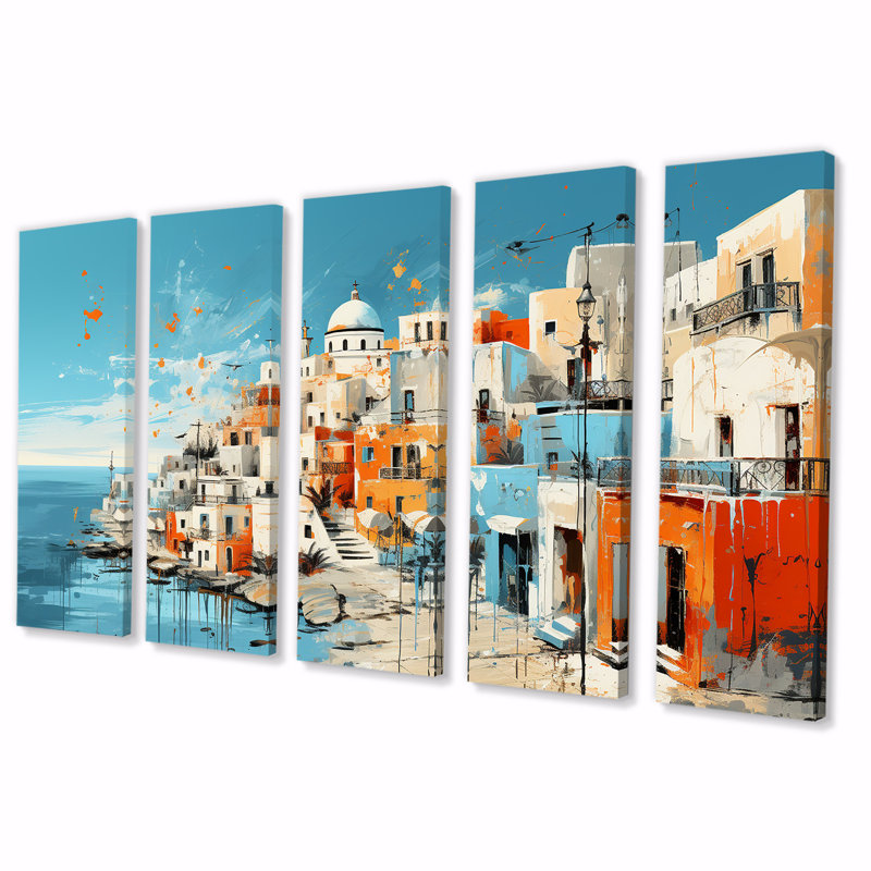 «Colorful Santorini Grèce Landscape II - Santorini», ensemble de 5 toiles murales, H 28 po x l 60 po