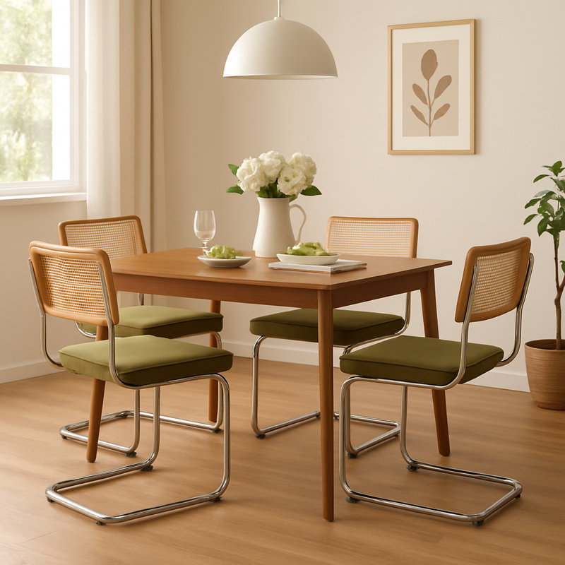 Ensemble de table de salle à manger 5 pièces avec table rectangulaire en bois et 4 chaises à dossier en rotin avec coussins verts
