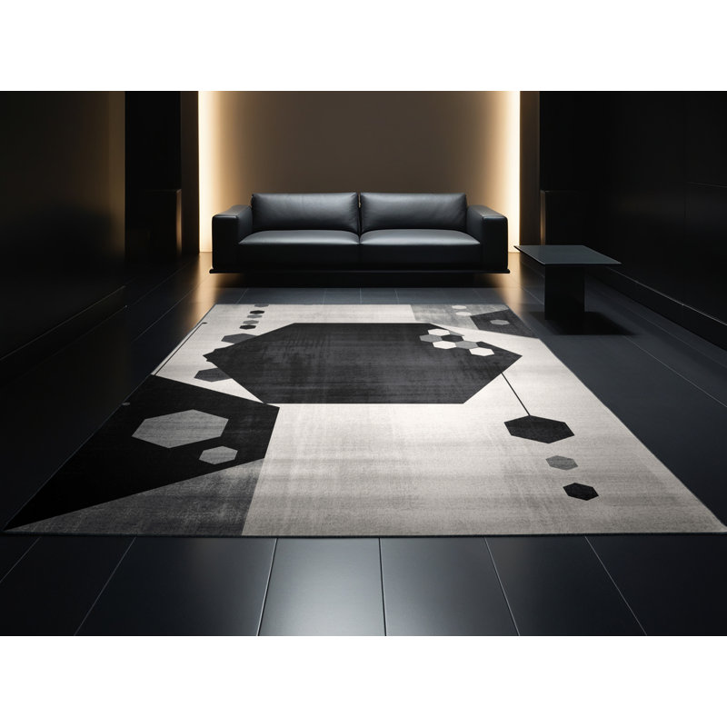 Soft Plush Ebbert Modern & Contemporary Geometric Shapes Area Rug in Grey – Black Binding, 2x5