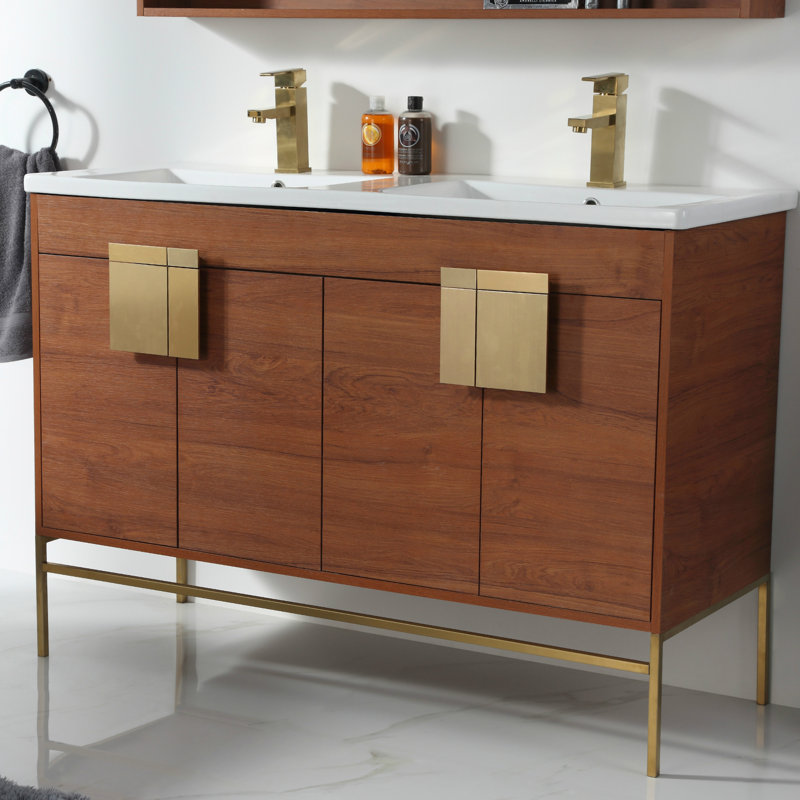 Ensemble de meuble-lavabo double 48 po Tortola, Noyer épicé, Laiton satiné