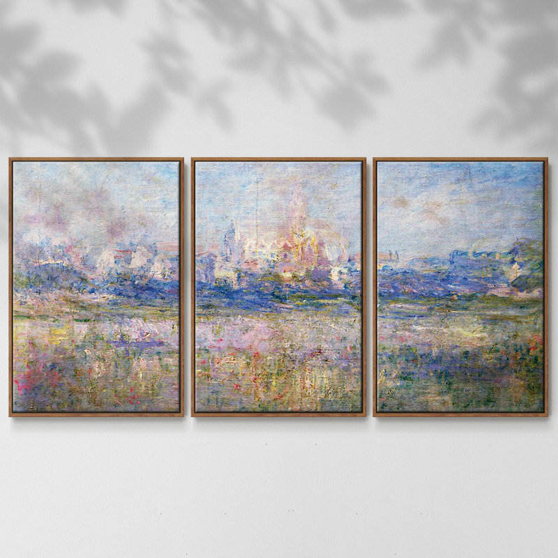 "Vétheuil dans le brouillard" par Monet, reproduction sur toile 3 pièces, H 36 po x l 75 po x P 2 po, Noyer