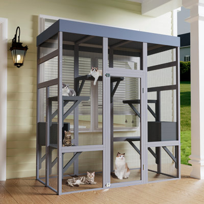 62.6" Gray Wooden Cat Enclosure For Outdoor Spaces, Waterproof Roof, 2 Napping Zones, Platforms, Rust - Wire, Comfortable Setup Patio, Gray, Spots, Mu