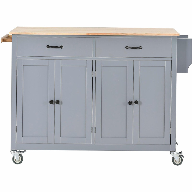 Kitchen Island Cart with Solid Wood Top and Locking Wheels,54.3 Inch Width,4 Door Cabinet and Two Drawers,Spice Rack, Towel Rack (Grey Blue)