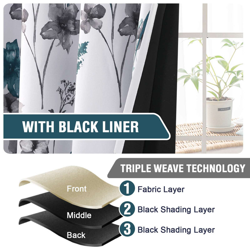 100% Blackout Curtains for Bedroom Cattleya Floral Printed Drapes Leah Floral Pattern Full Light Blocking Drapes with Black Liner Rod Pocket 2 Panels