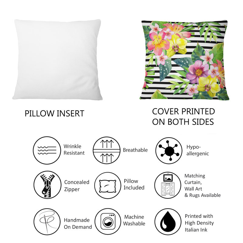 Coussin décoratif fleurs tropicales en rose, jaune et orange - imprimé tropical