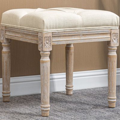 With Breathable Beige Seat And Rustic Wood Legs For Bedroom, Living Room Decor Vintage Stool Upholstered In Beige, Comfort