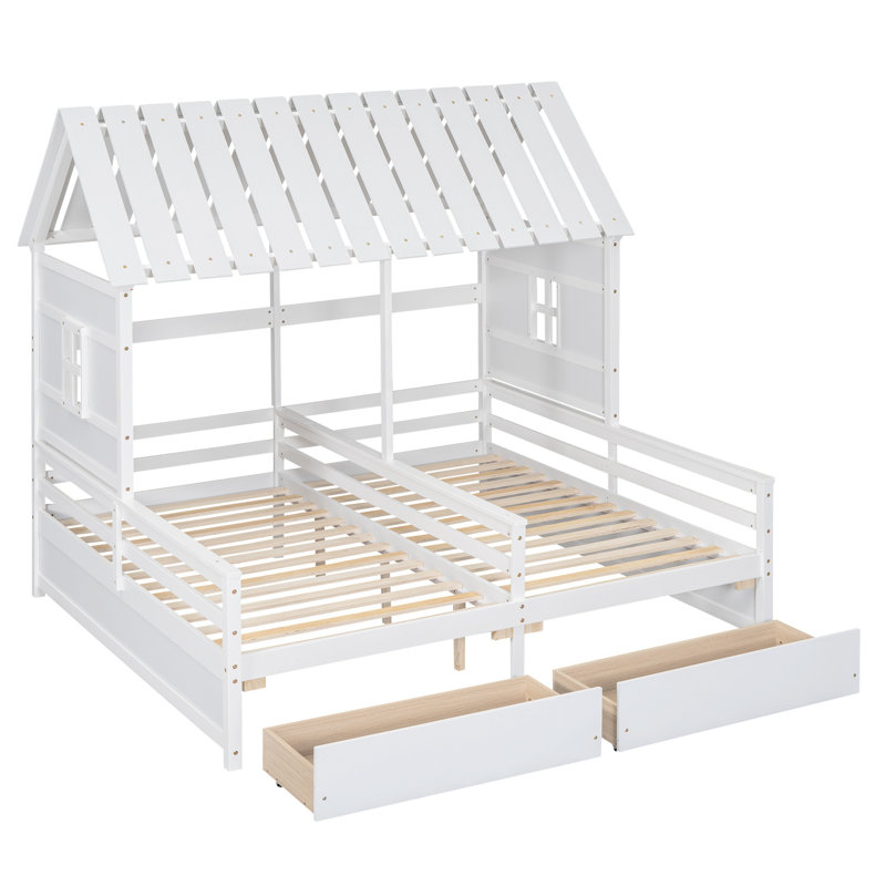 Twin Size House Platform Beds, 2 Side by Side Beds with Drawers, Shared Bedroom Furniture Set, White