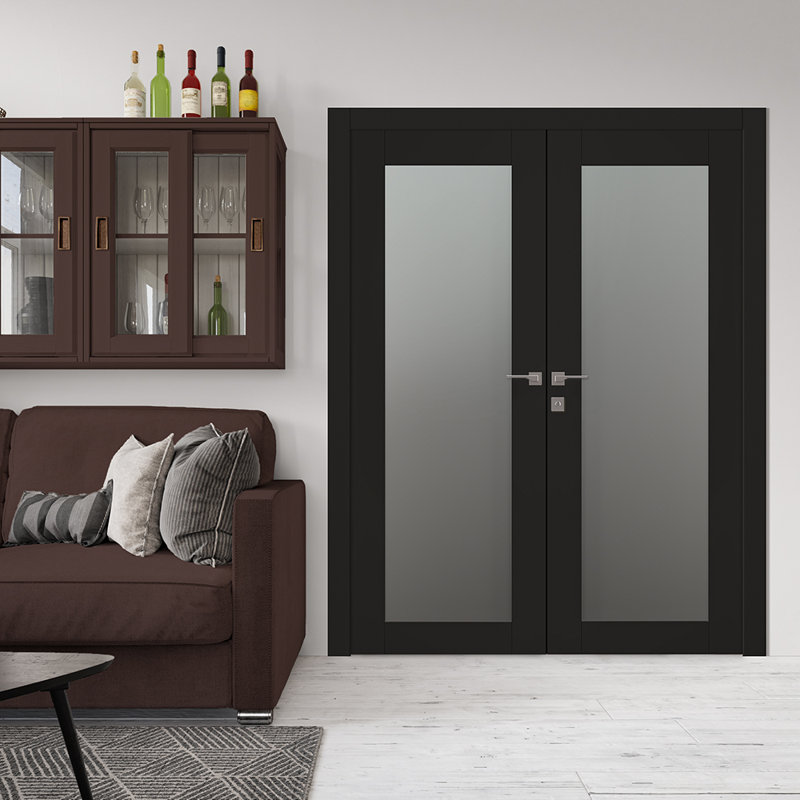Double porte française Avon en bois manufacturé massif et verre, Noir mat, Gauche, 63,5 po x 83,23 po