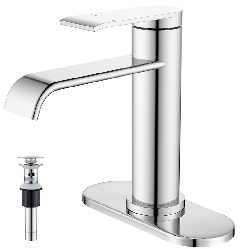 Single Hole Waterfall Spout Deck Mount Bathroom Sink Faucet With Pop Up Drain And Deck Plate, Chrome