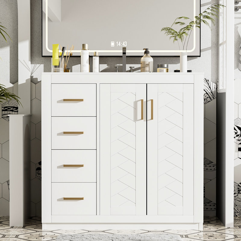 Meuble-lavabo de 36 po, structure en bois massif, lavabo en céramique, 3 tiroirs, charnières, rangement spacieux, motif de rainure unique, poignée en métal exquis, style rétro, conception moderne, glissière de tiroir lisse, pour 36 po,