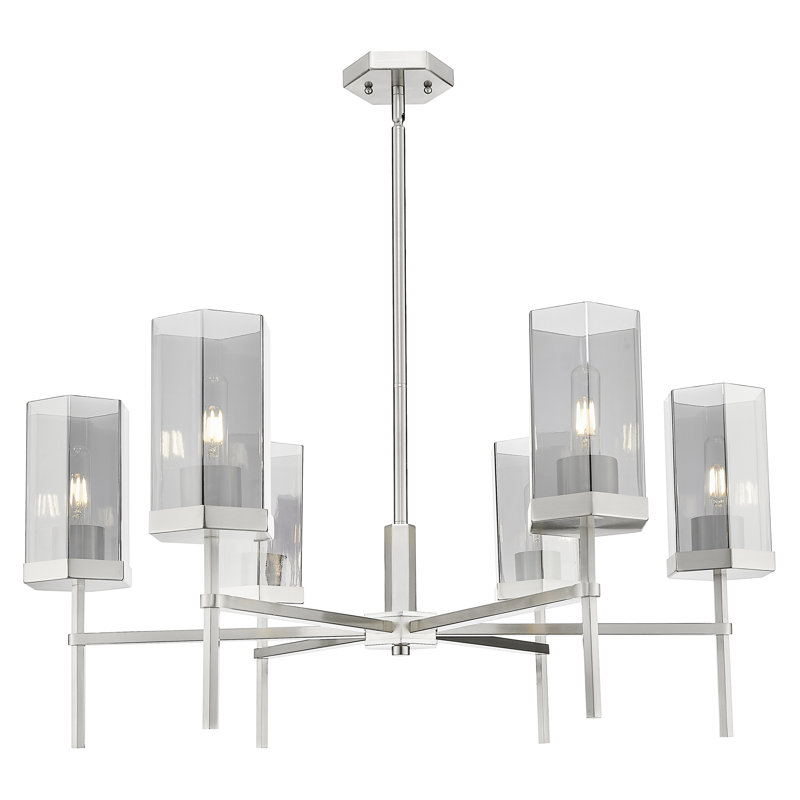 Downtown Urban - Nemec - Lustre suspendu 6 lumières 32 po , Nickel satiné, Gris fumée clair