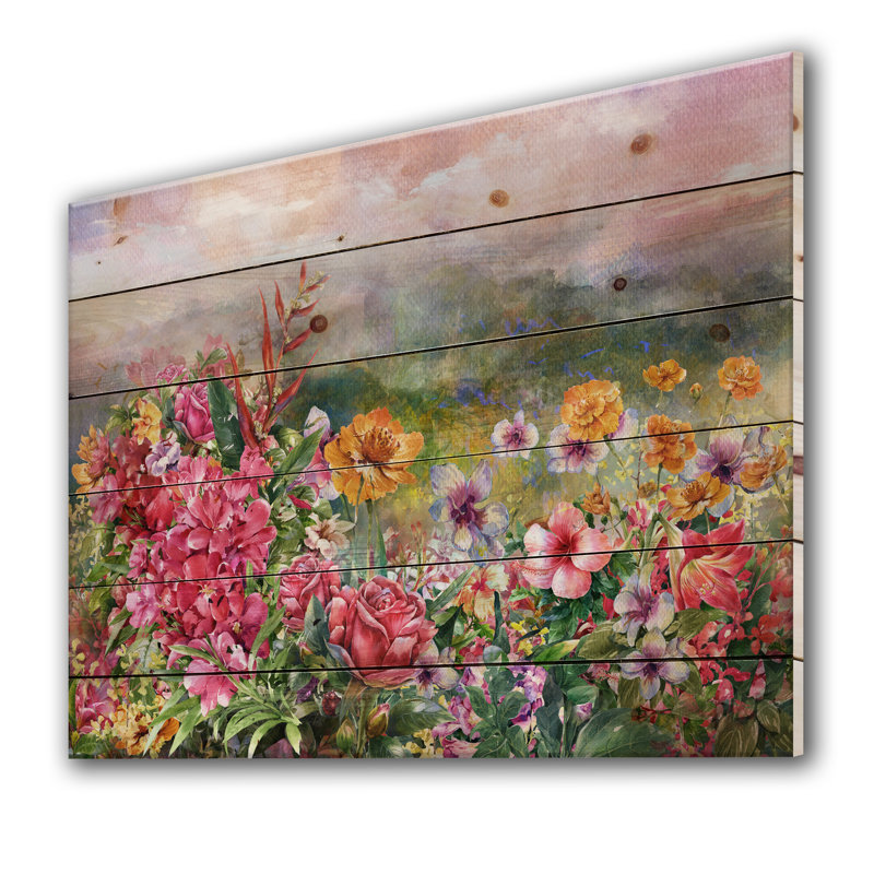 Multicoloured Spring Flowers With Misty Background - Unframed Painting on Wood, 12" H x 20" W x 1" D