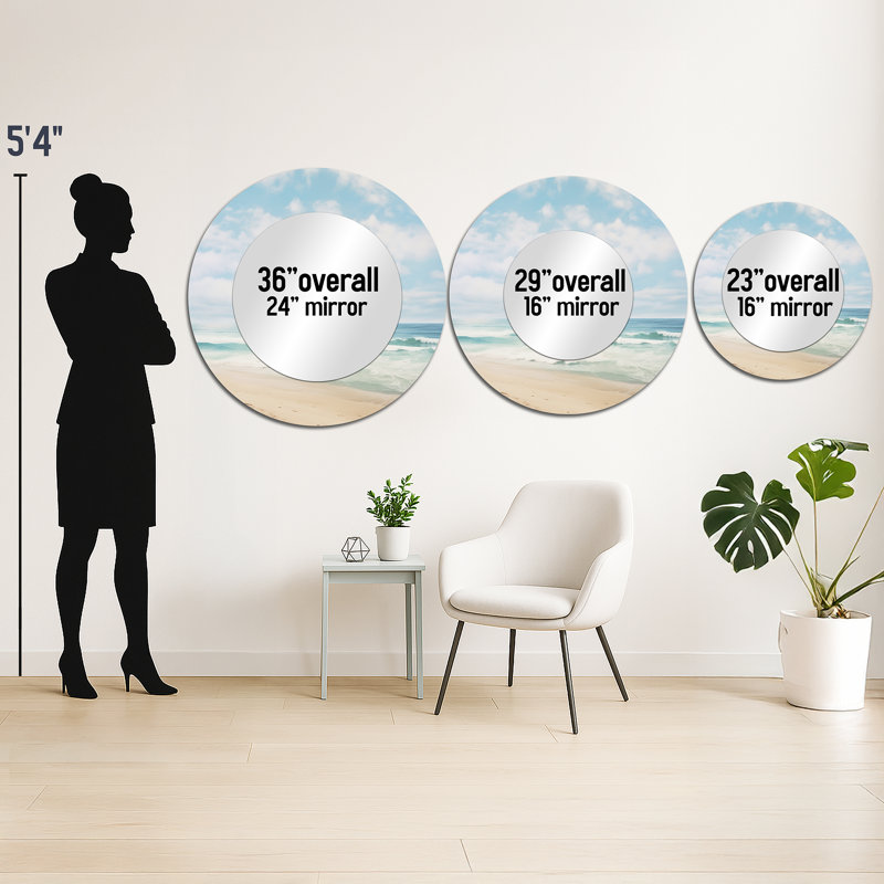 Scheck Beach Photo Coastal Tranquility III - Beach Decorative Wall Mirror, Beige Round Mirror, Printed Metal Art, 23" x 23"