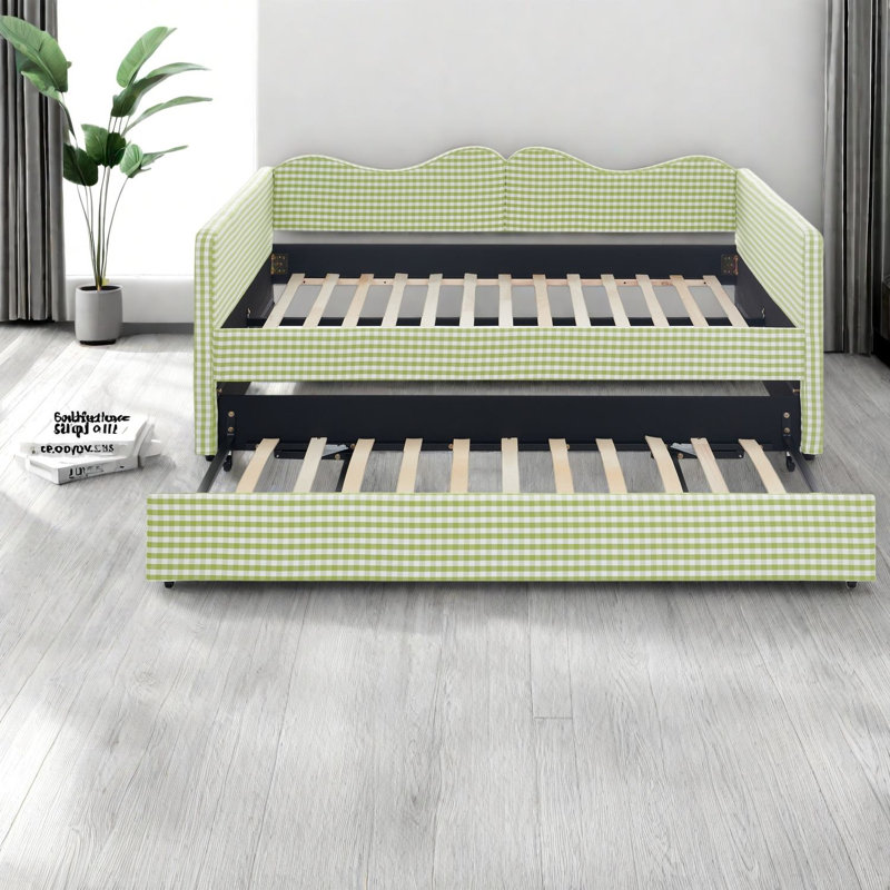 Lits gigognes avec rangement, panneau de fibres à densité moyenne en bois Gingham vert pour petites pièces