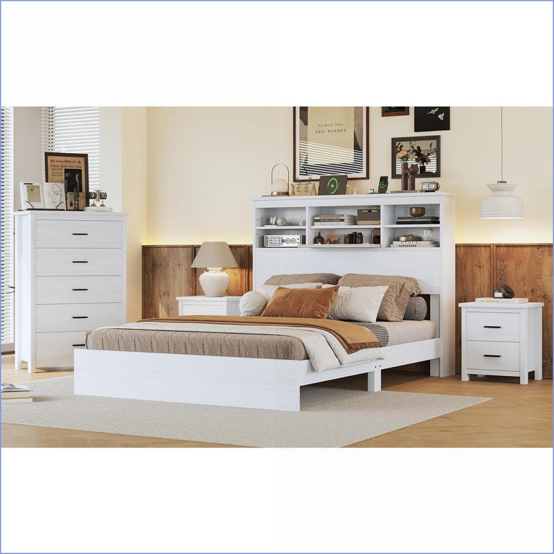 Ensemble de mobilier de chambre à coucher Grand lit de style campagne rétro blanc neige + 2 tables de chevet gris clair + commode avec rangement et amp; USB pour chambres de style naturel | Lits pour bibliothèque | Multicolore