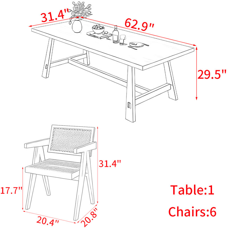 Ensemble de table de salle à manger en bois massif de style nordique, H 29,5 po x L 62,9 po x l 31,4 po